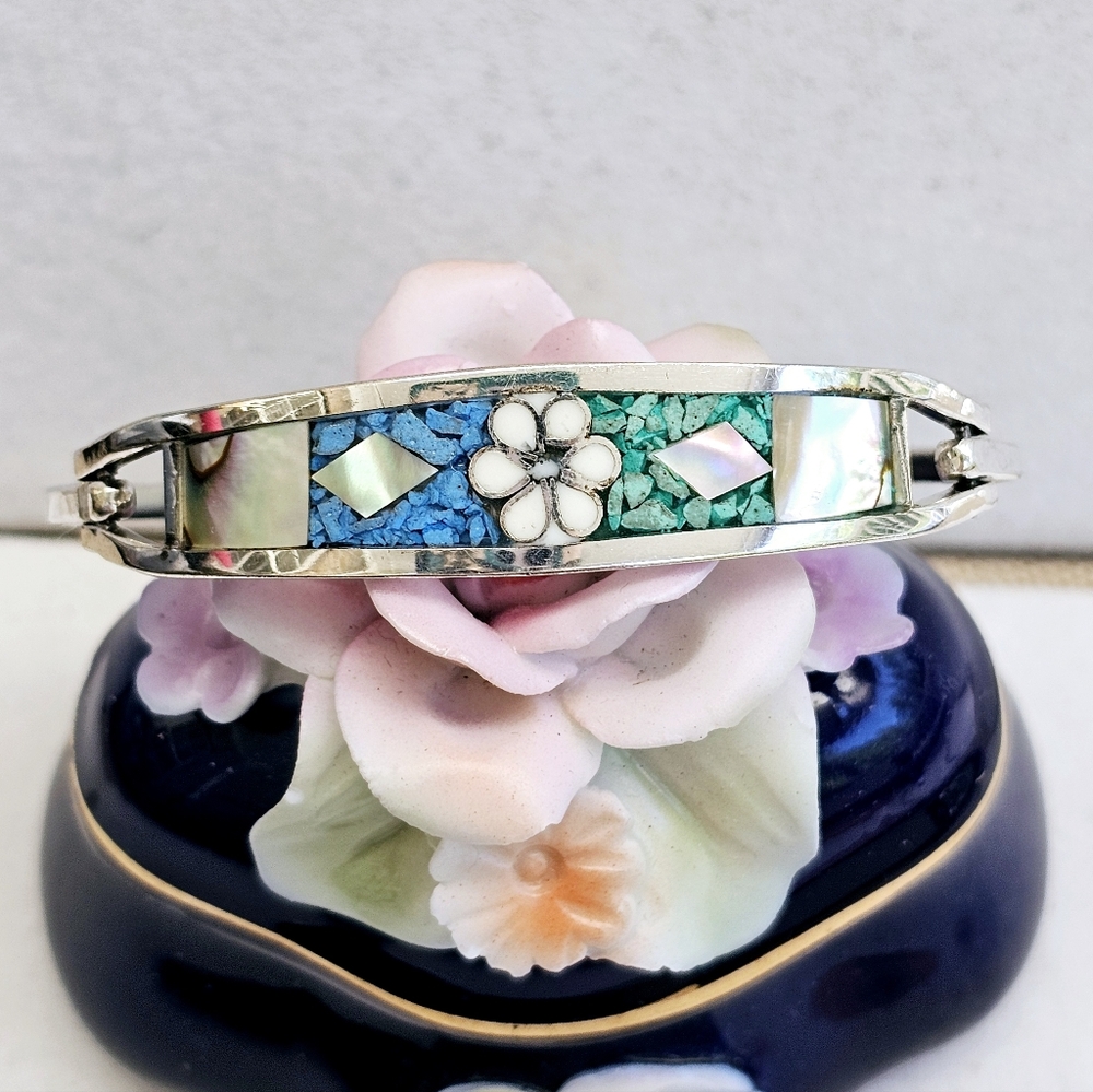 Mexico 925 Inlaid Gemstone Hinged Bracelet Michoan 925 - Picture 4 of 14